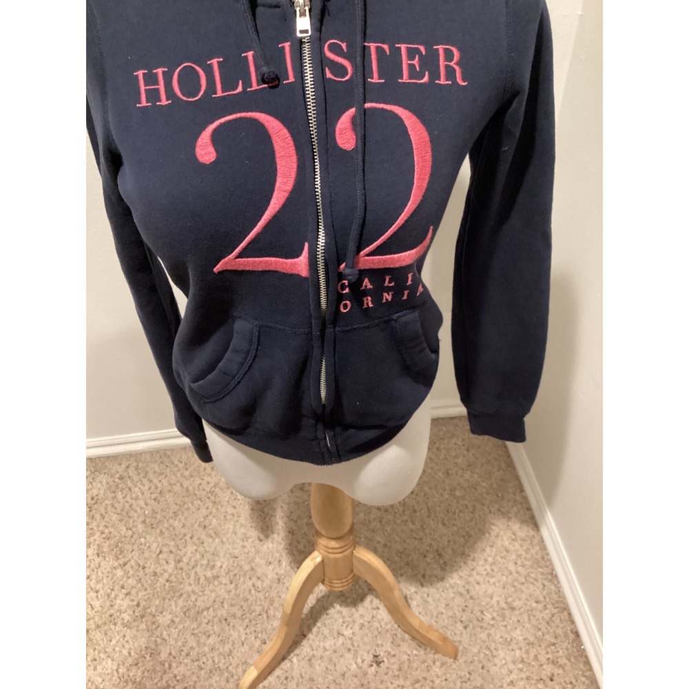 Hollister California Zip Up Hoodie Navy Blue Pink 22 Graphic Long Sleeve XS - Picture 3 of 8
